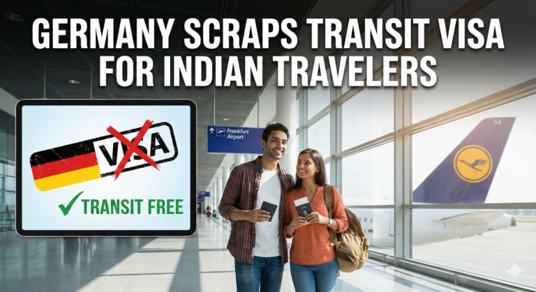Indian travelers at airport celebrating Germany transit visa waiver 2026 with passports and luggage