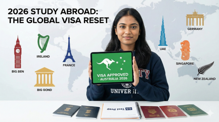 South Asian student celebrating Australia student visa approval 2026 on tablet with Sydney Opera House background