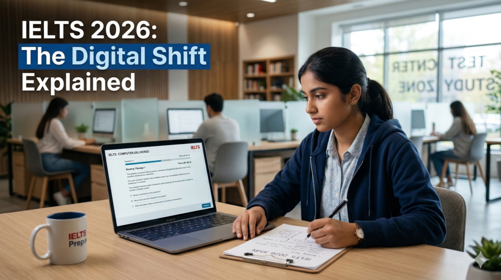 South Asian student preparing for the new computer-delivered IELTS test and the hybrid Writing on Paper option.